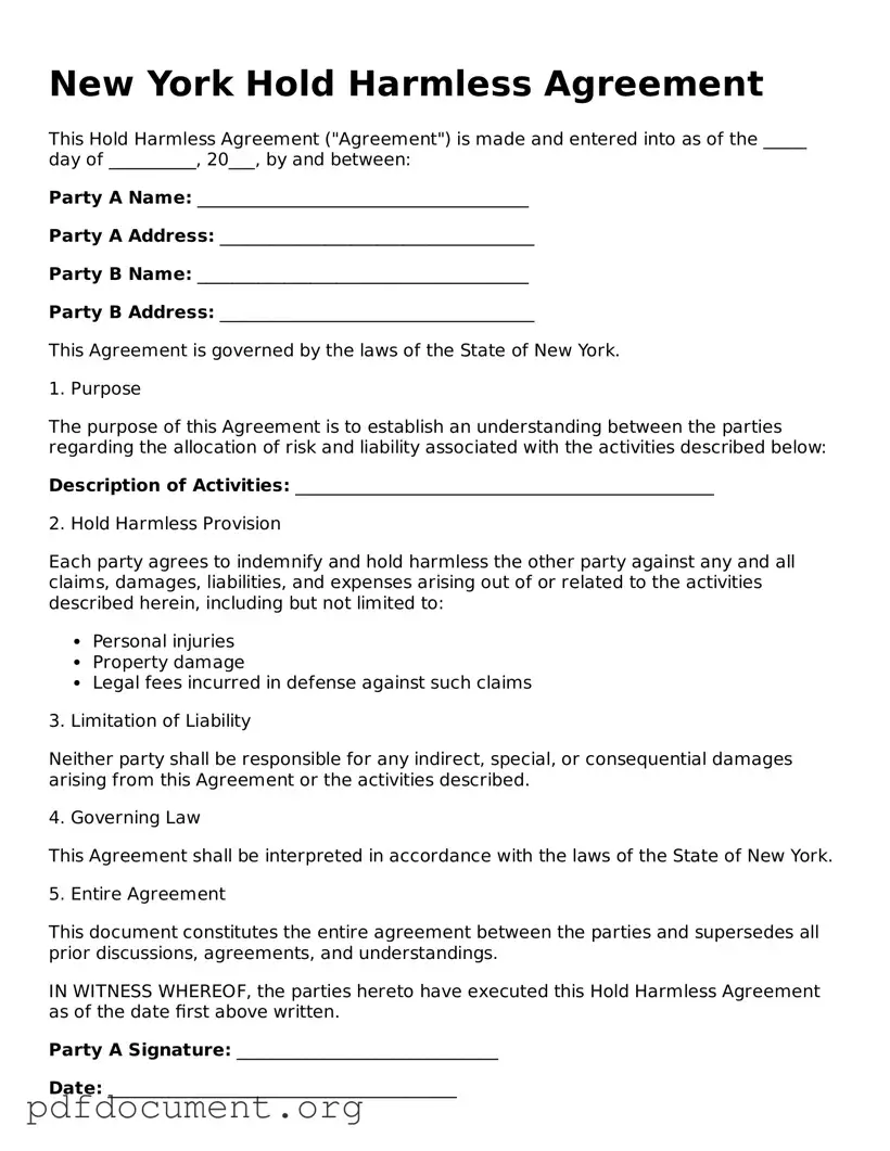 Blank Hold Harmless Agreement Form for New York State