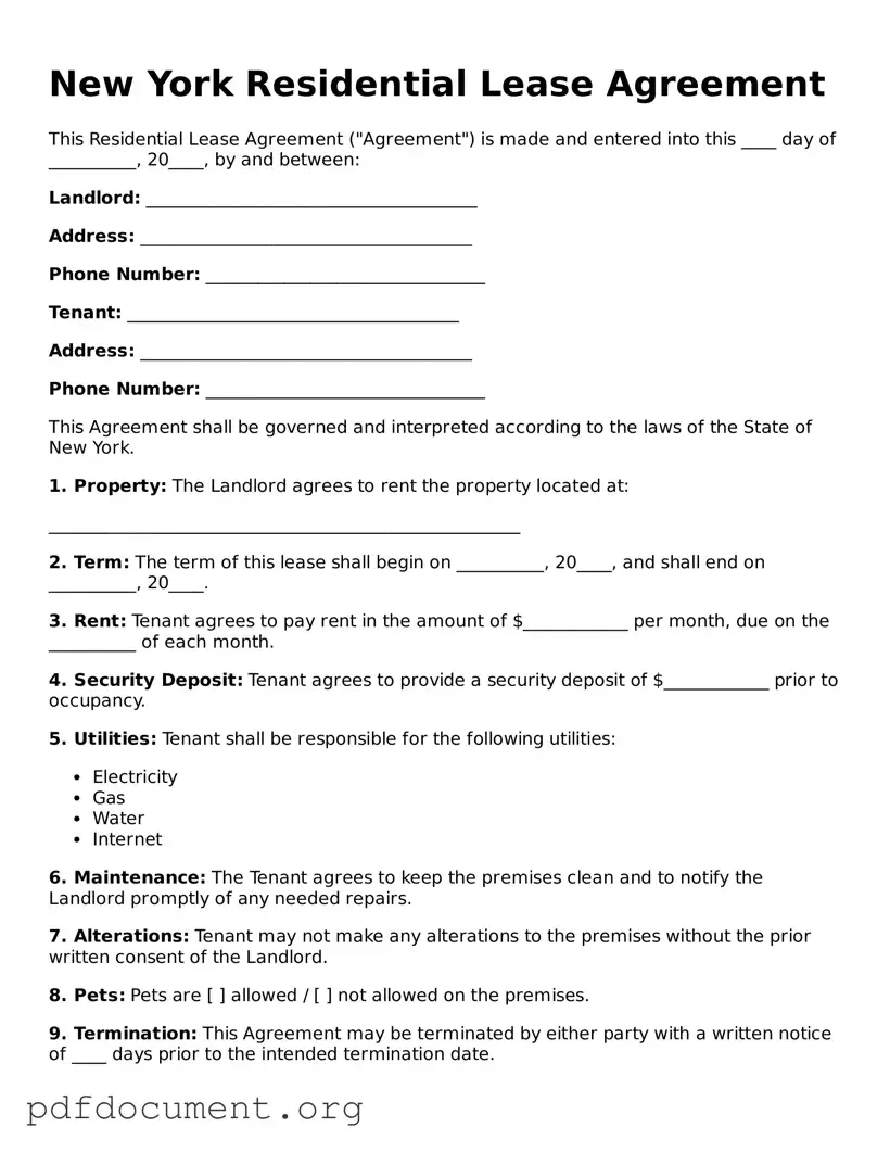 Blank Residential Lease Agreement Form for New York State