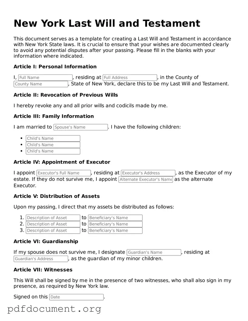 Blank Last Will and Testament Form for New York State