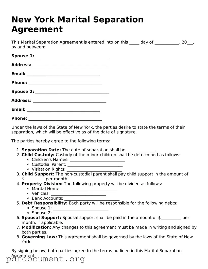 Blank Marital Separation Agreement Form for New York State