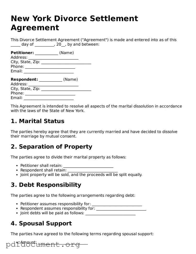 Blank Divorce Settlement Agreement Form for New York State