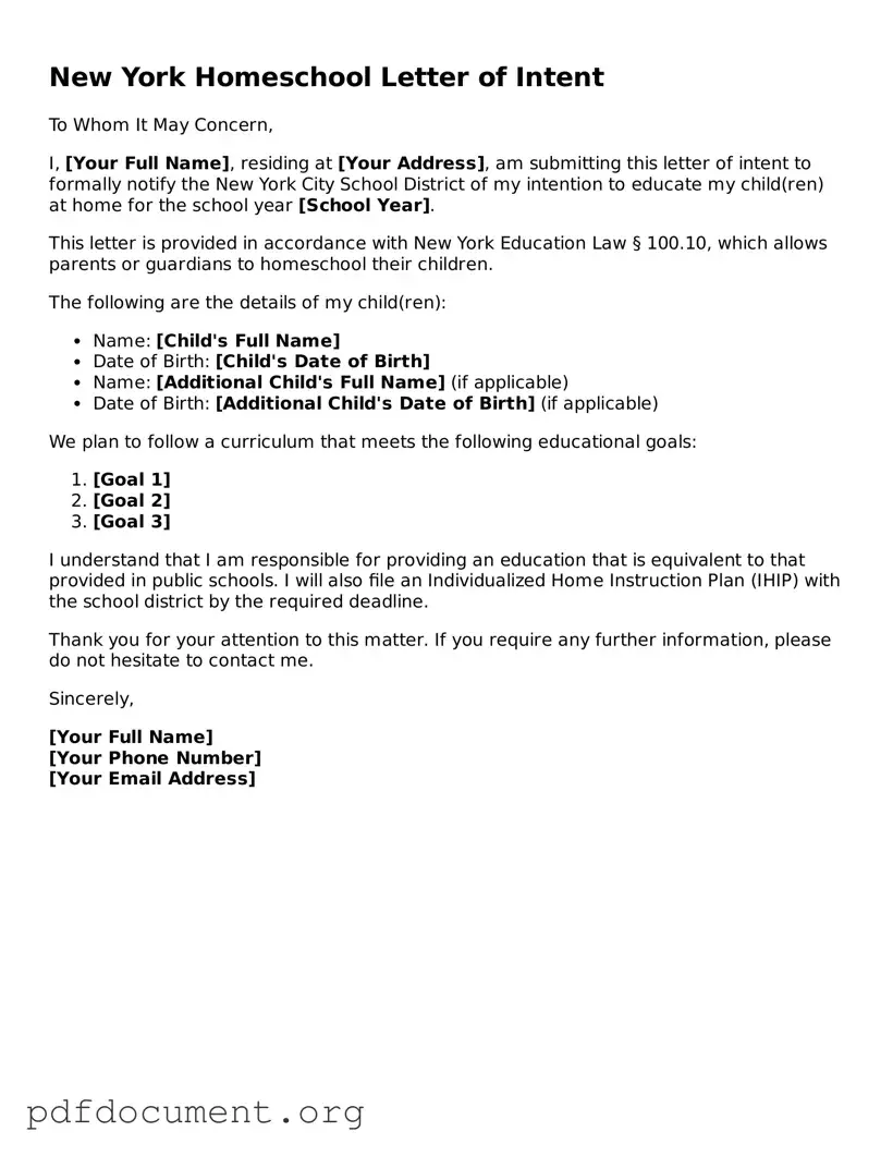 Blank Homeschool Letter of Intent Form for New York State