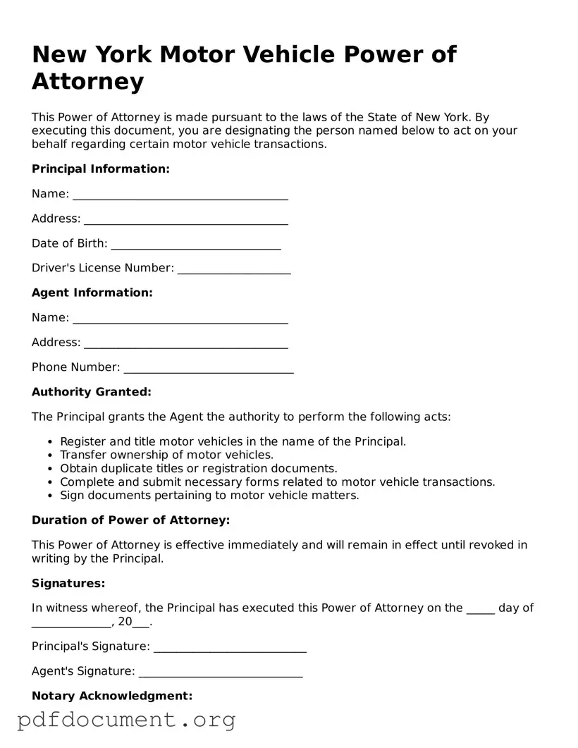 Blank Motor Vehicle Power of Attorney Form for New York State