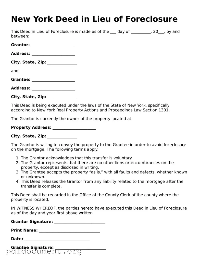 Blank Deed in Lieu of Foreclosure Form for New York State