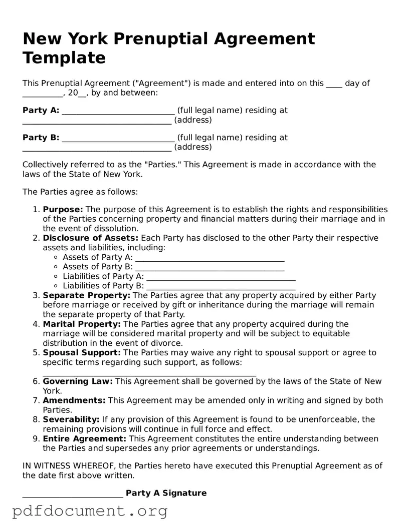 Blank Prenuptial Agreement Form for New York State