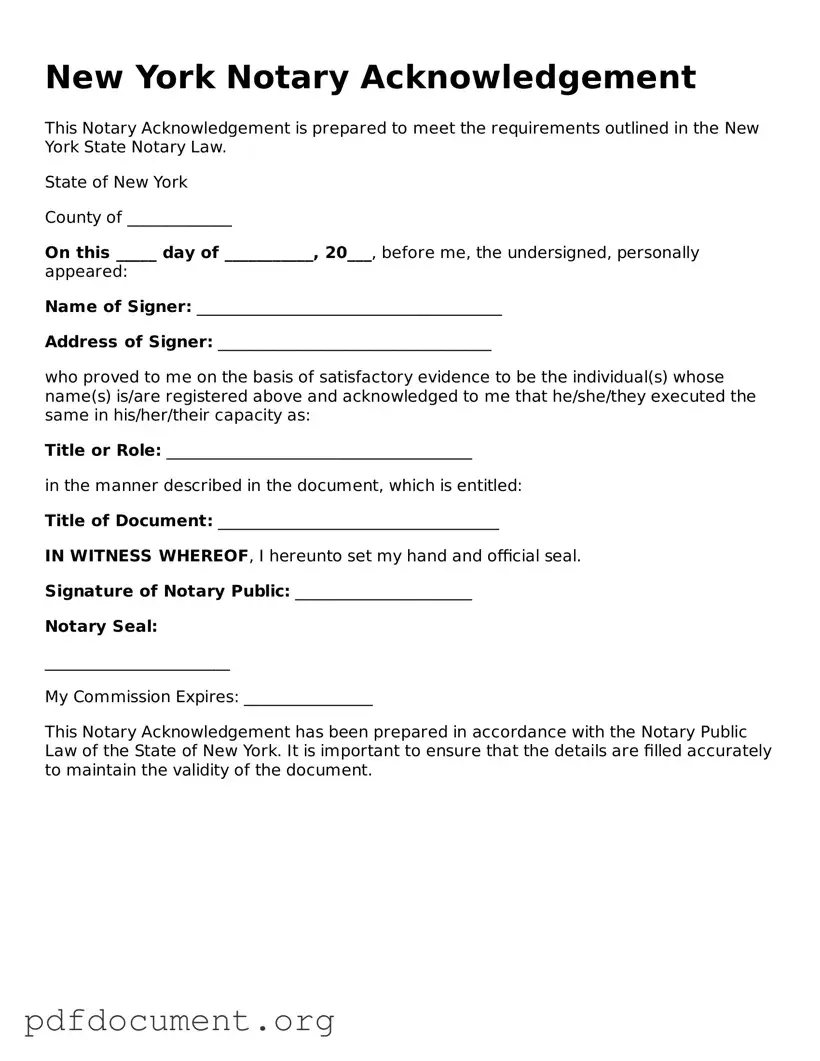 Blank Notary Acknowledgement Form for New York State