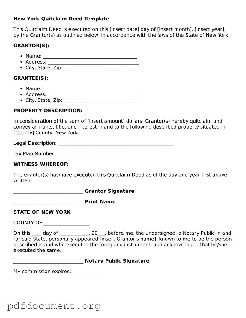 Blank Quitclaim Deed Form for New York State