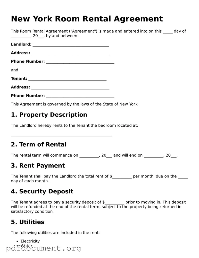 Blank Room Rental Agreement Form for New York State