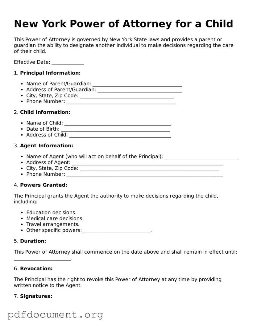 Blank Power of Attorney for a Child Form for New York State