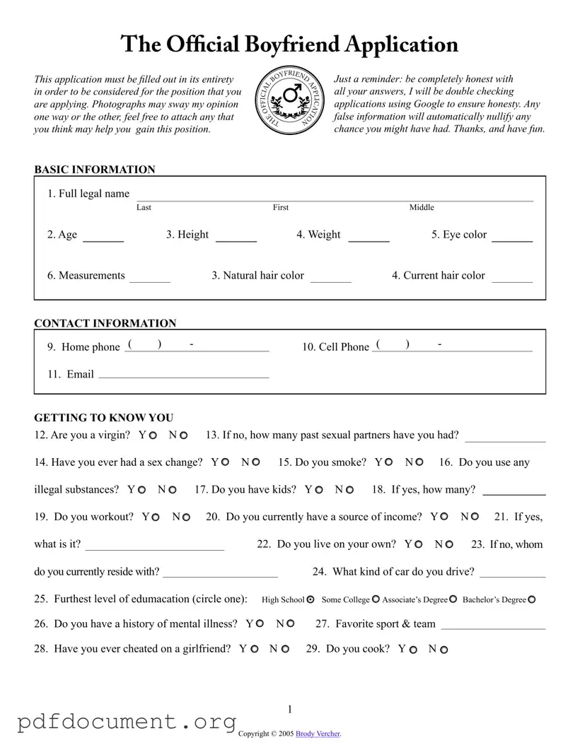 Fill Out Your Boyfriend application form Form