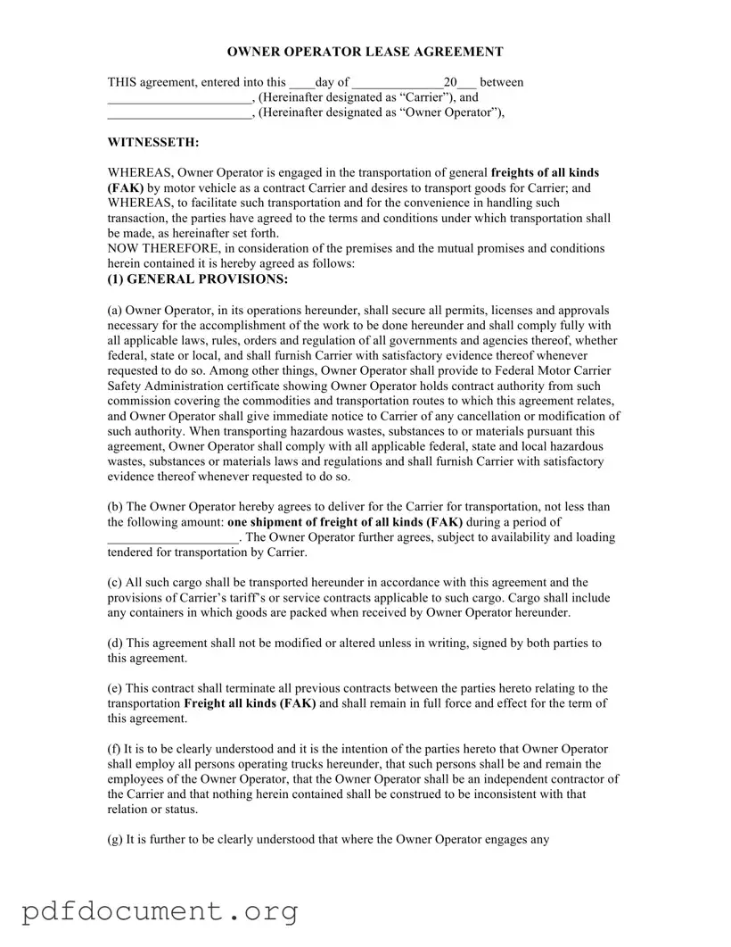 Fill Out Your Owner Operator Lease Agreement Form