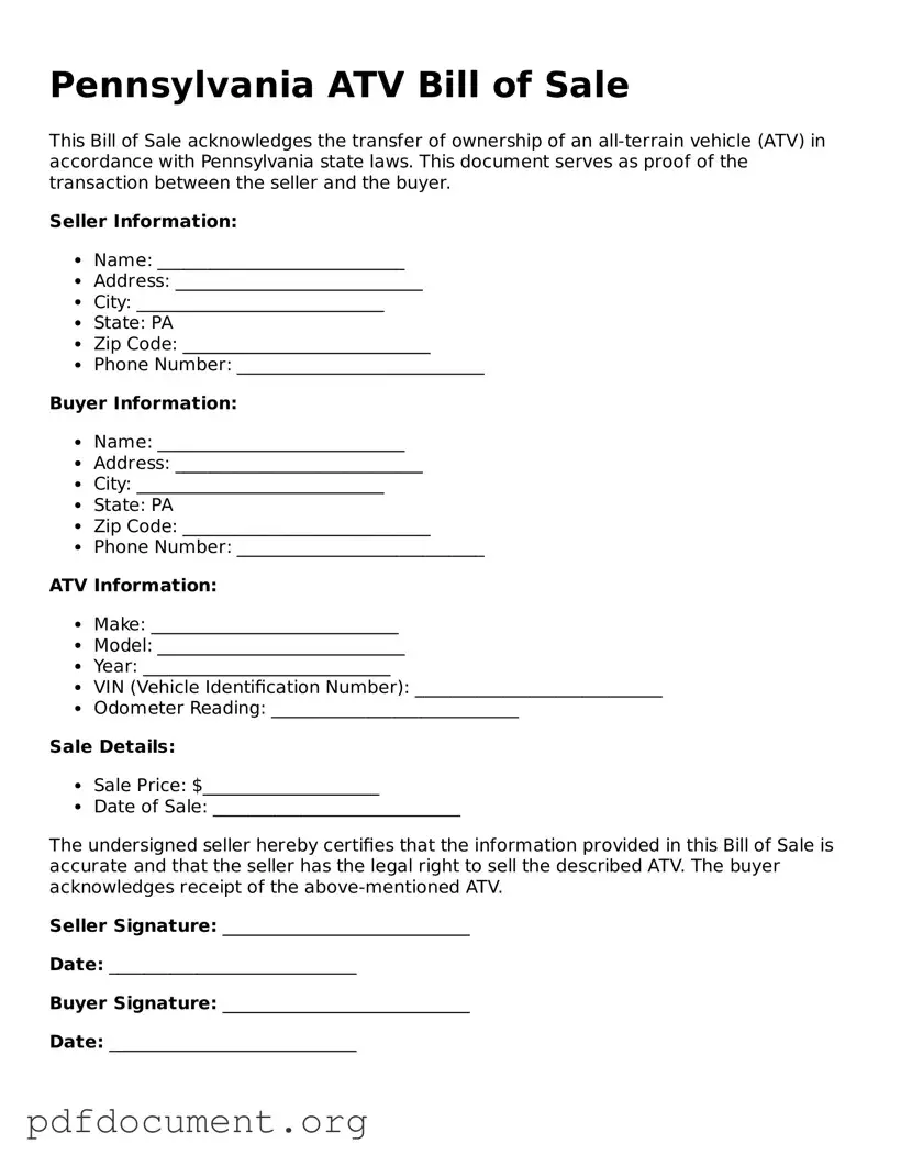 Blank ATV Bill of Sale Form for Pennsylvania State