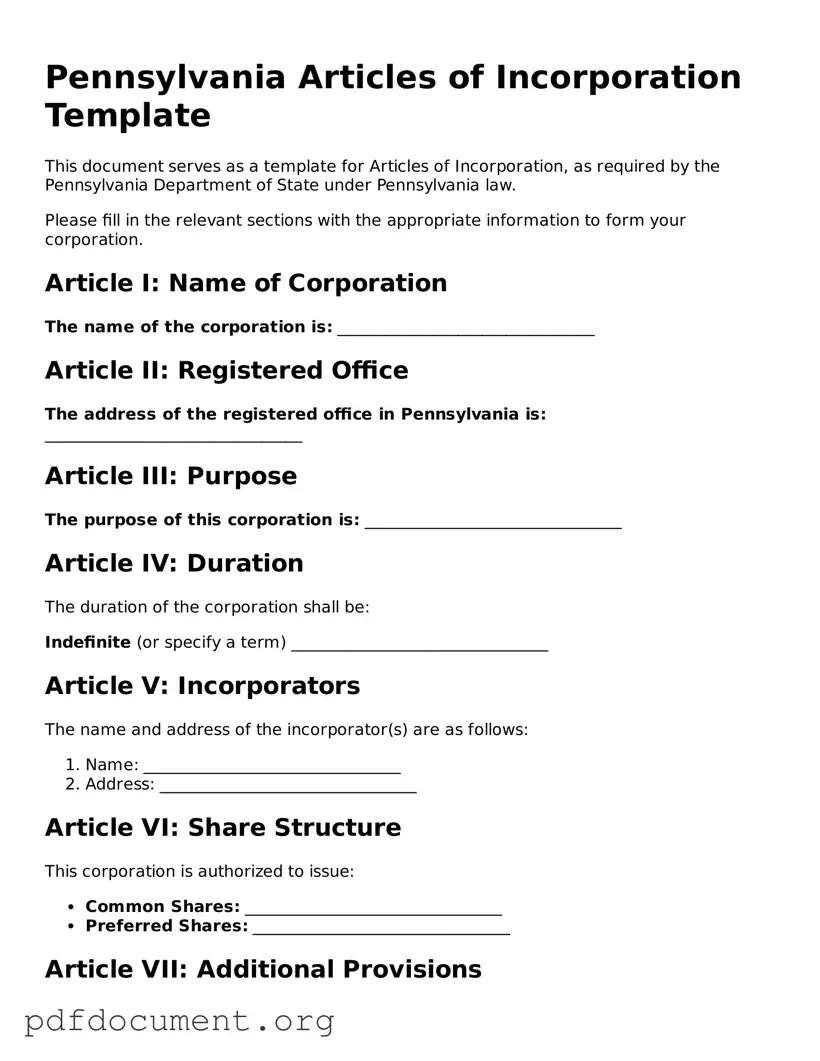 Blank Articles of Incorporation Form for Pennsylvania State