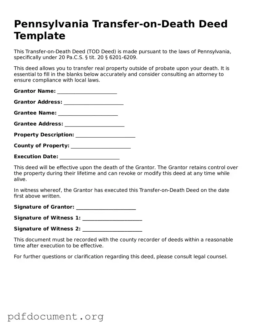 Blank Transfer-on-Death Deed Form for Pennsylvania State