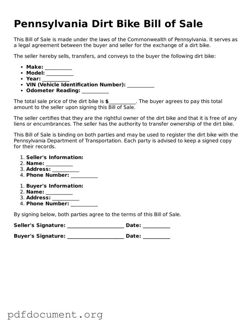 Blank Dirt Bike Bill of Sale Form for Pennsylvania State