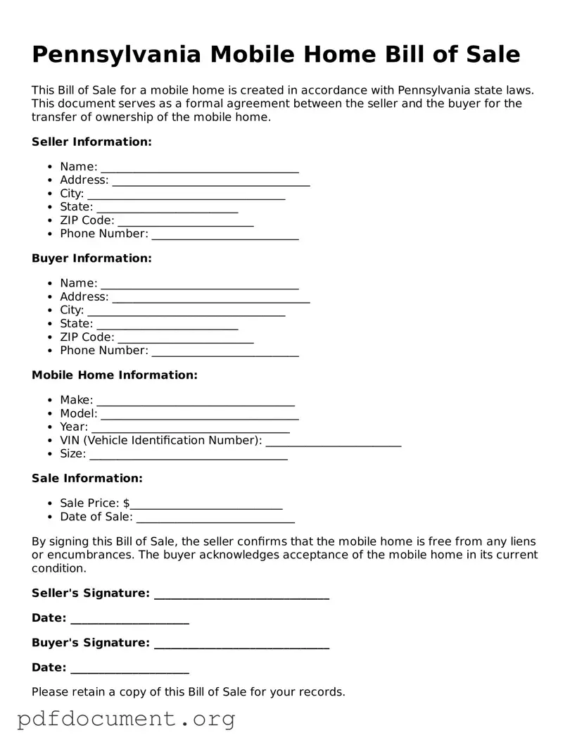 Blank Mobile Home Bill of Sale Form for Pennsylvania State
