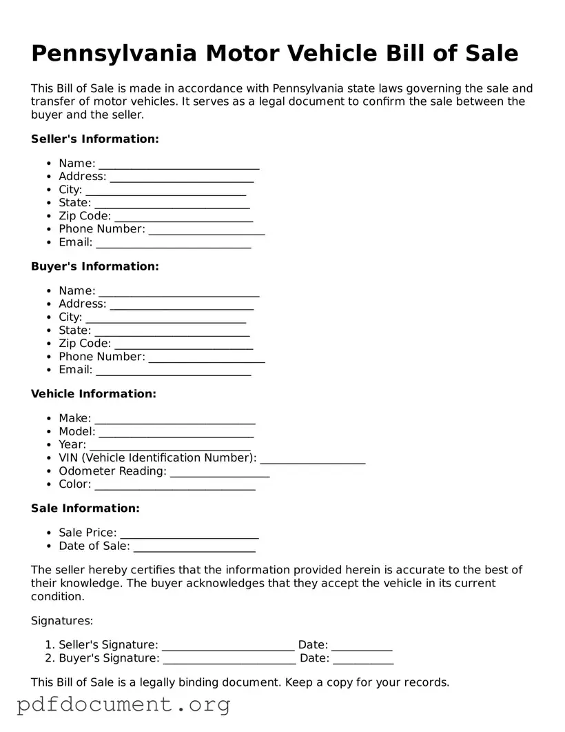 Blank Motor Vehicle Bill of Sale Form for Pennsylvania State