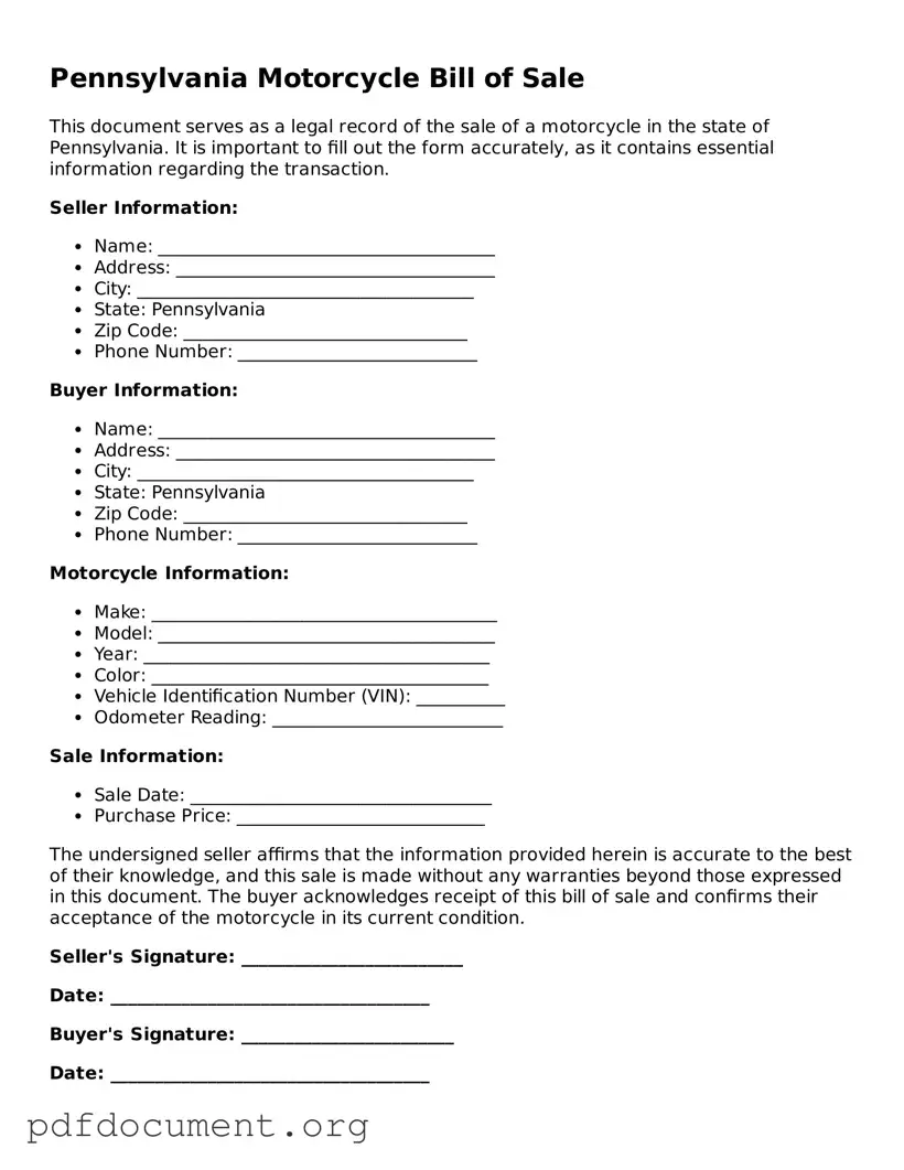 Blank Motorcycle Bill of Sale Form for Pennsylvania State