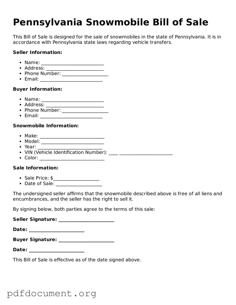 Blank Snowmobile Bill of Sale Form for Pennsylvania State
