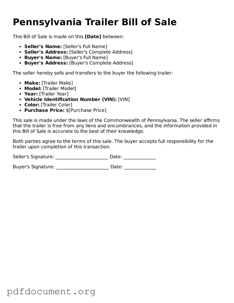Blank Trailer Bill of Sale Form for Pennsylvania State