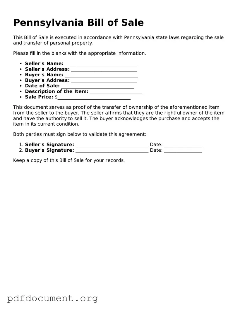 Blank Bill of Sale Form for Pennsylvania State