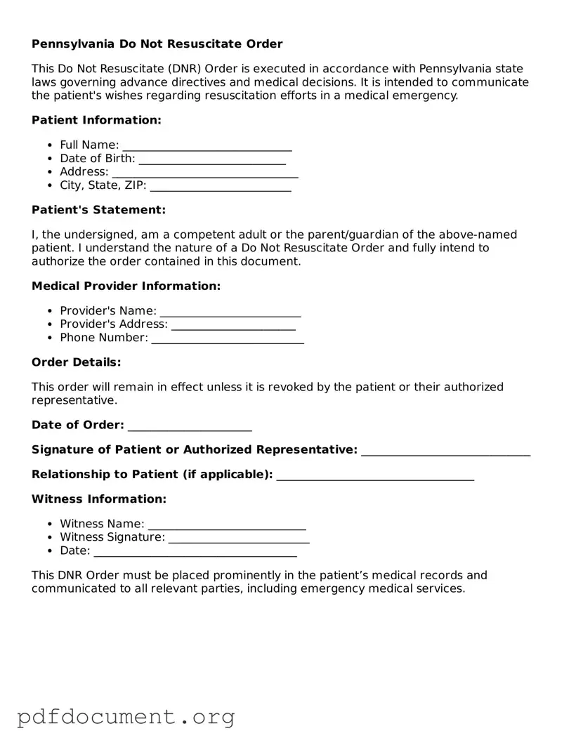 Blank Do Not Resuscitate Order Form for Pennsylvania State
