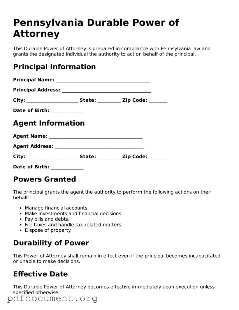 Blank Durable Power of Attorney Form for Pennsylvania State