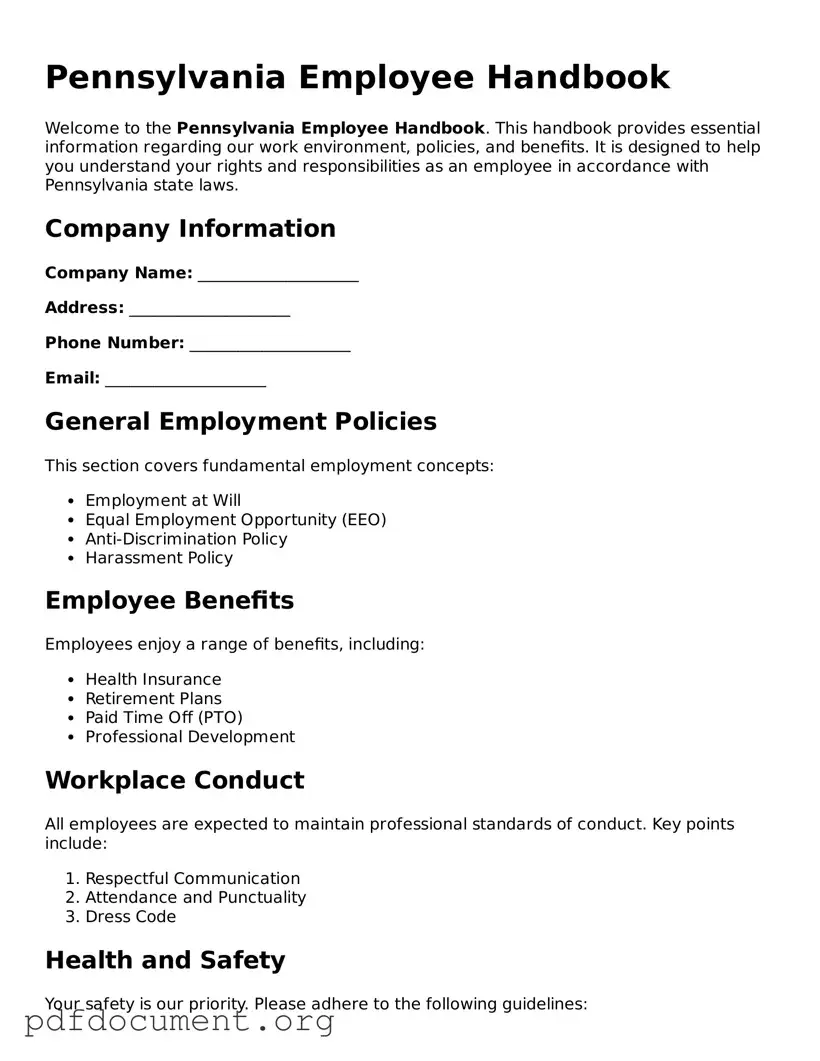 Blank Employee Handbook Form for Pennsylvania State