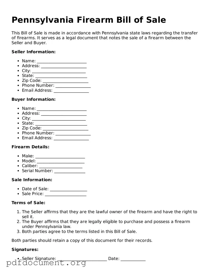 Blank Firearm Bill of Sale Form for Pennsylvania State