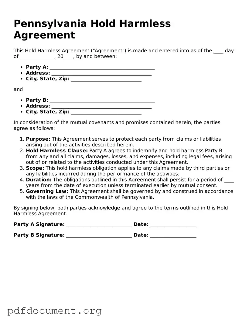 Blank Hold Harmless Agreement Form for Pennsylvania State