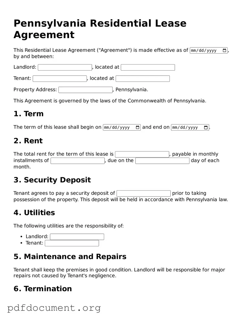 Blank Residential Lease Agreement Form for Pennsylvania State