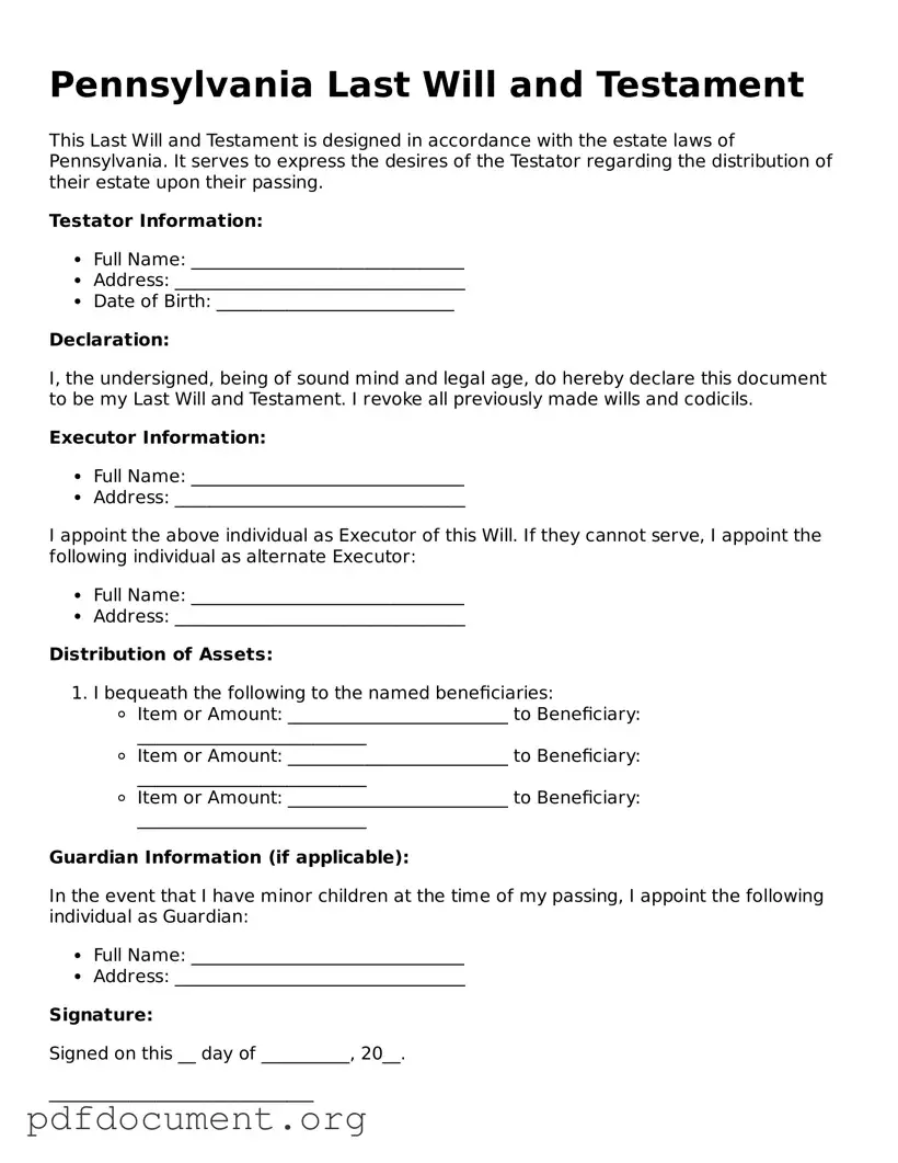Blank Last Will and Testament Form for Pennsylvania State