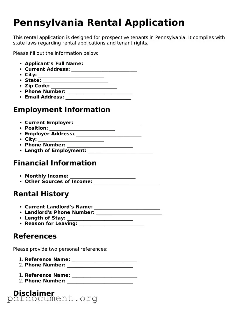 Blank Rental Application Form for Pennsylvania State