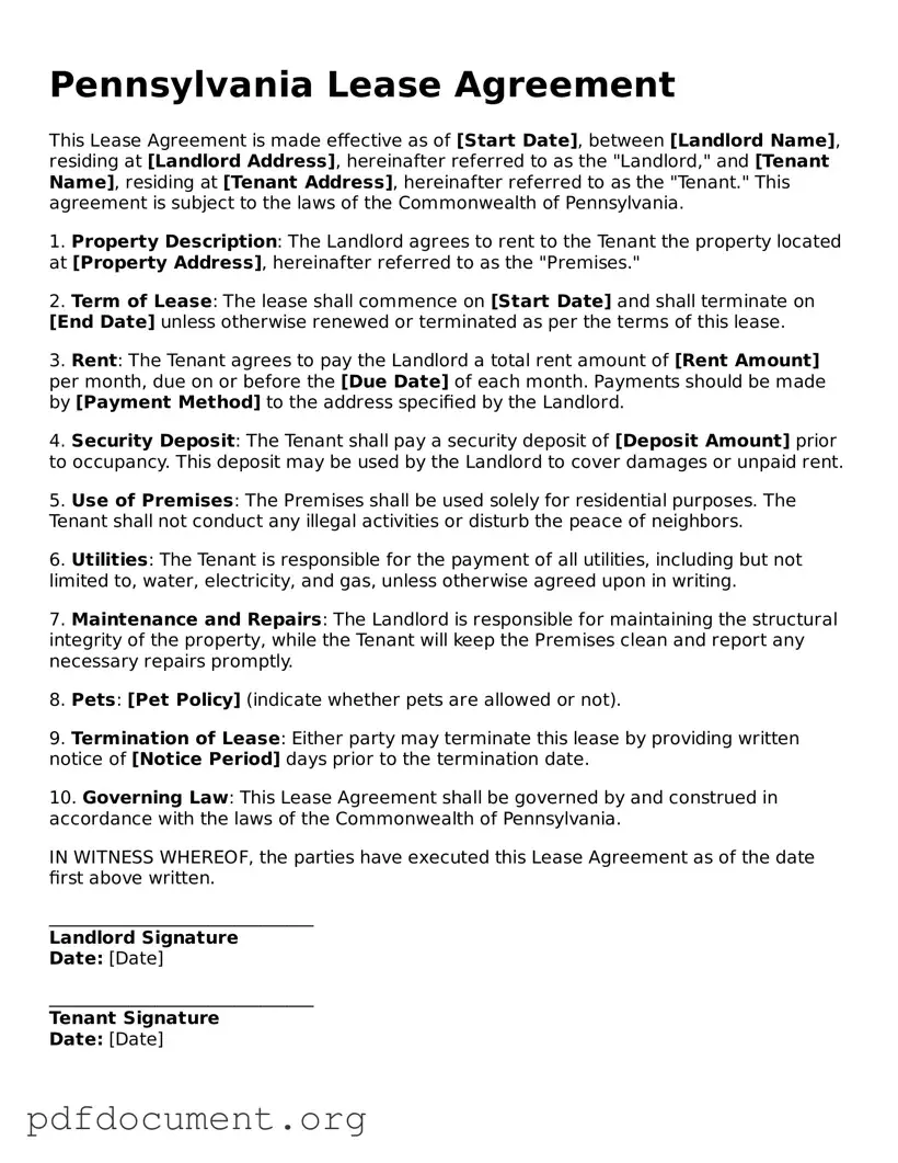 Blank Lease Agreement Form for Pennsylvania State