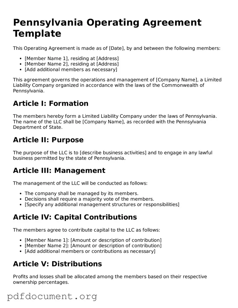 Blank Operating Agreement Form for Pennsylvania State