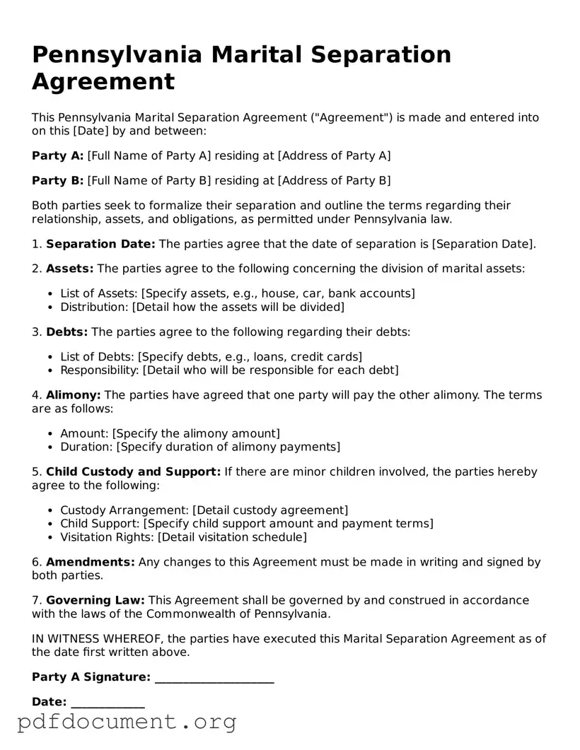 Blank Marital Separation Agreement Form for Pennsylvania State