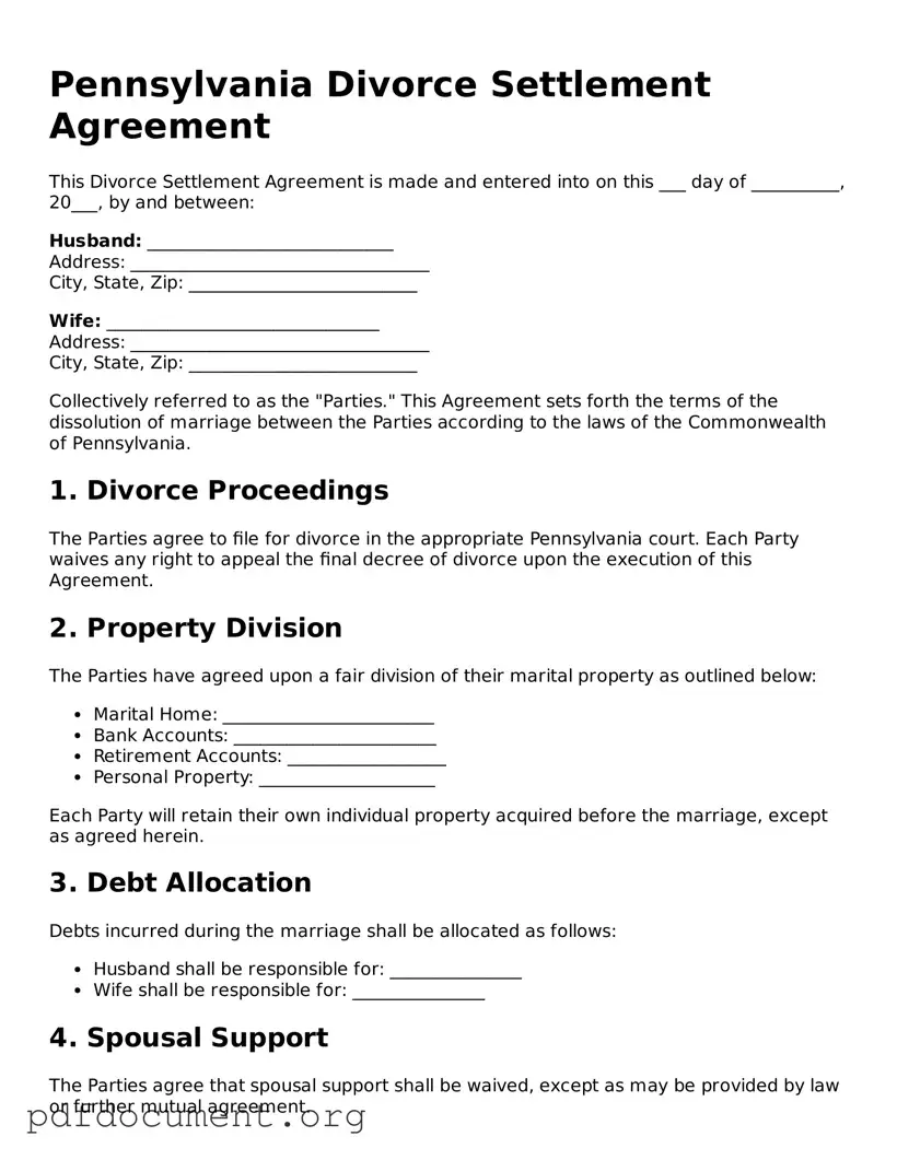 Blank Divorce Settlement Agreement Form for Pennsylvania State