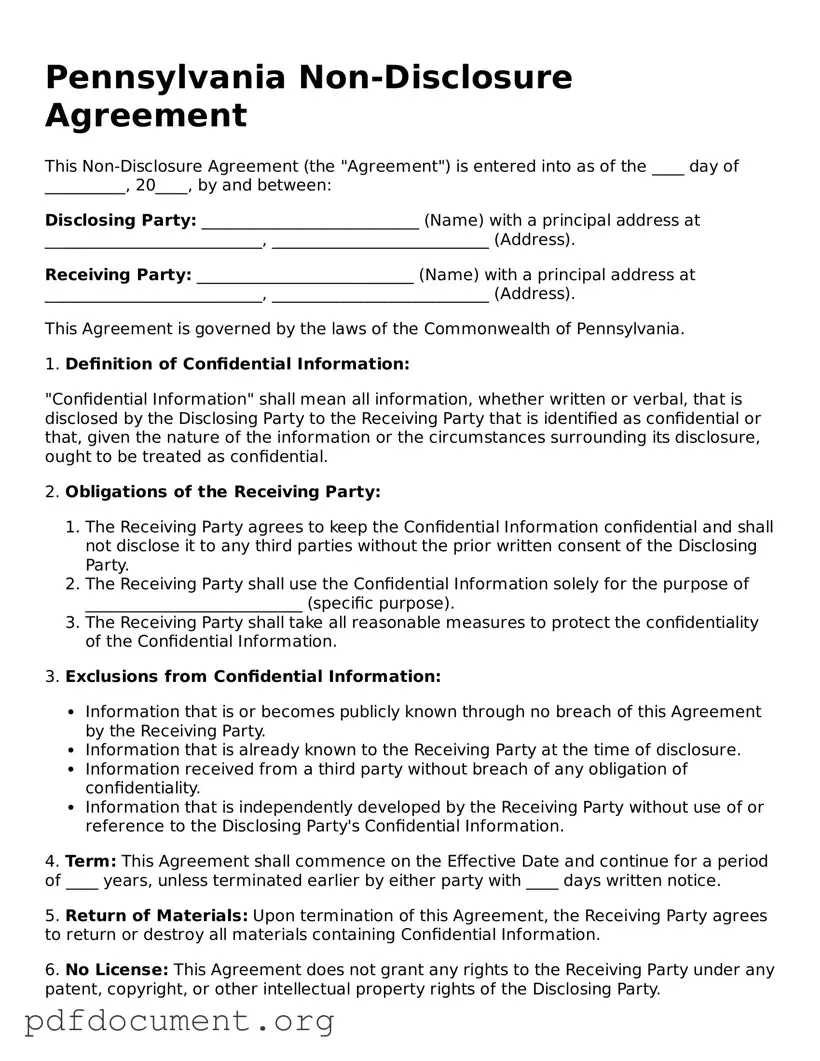 Blank Non-disclosure Agreement Form for Pennsylvania State