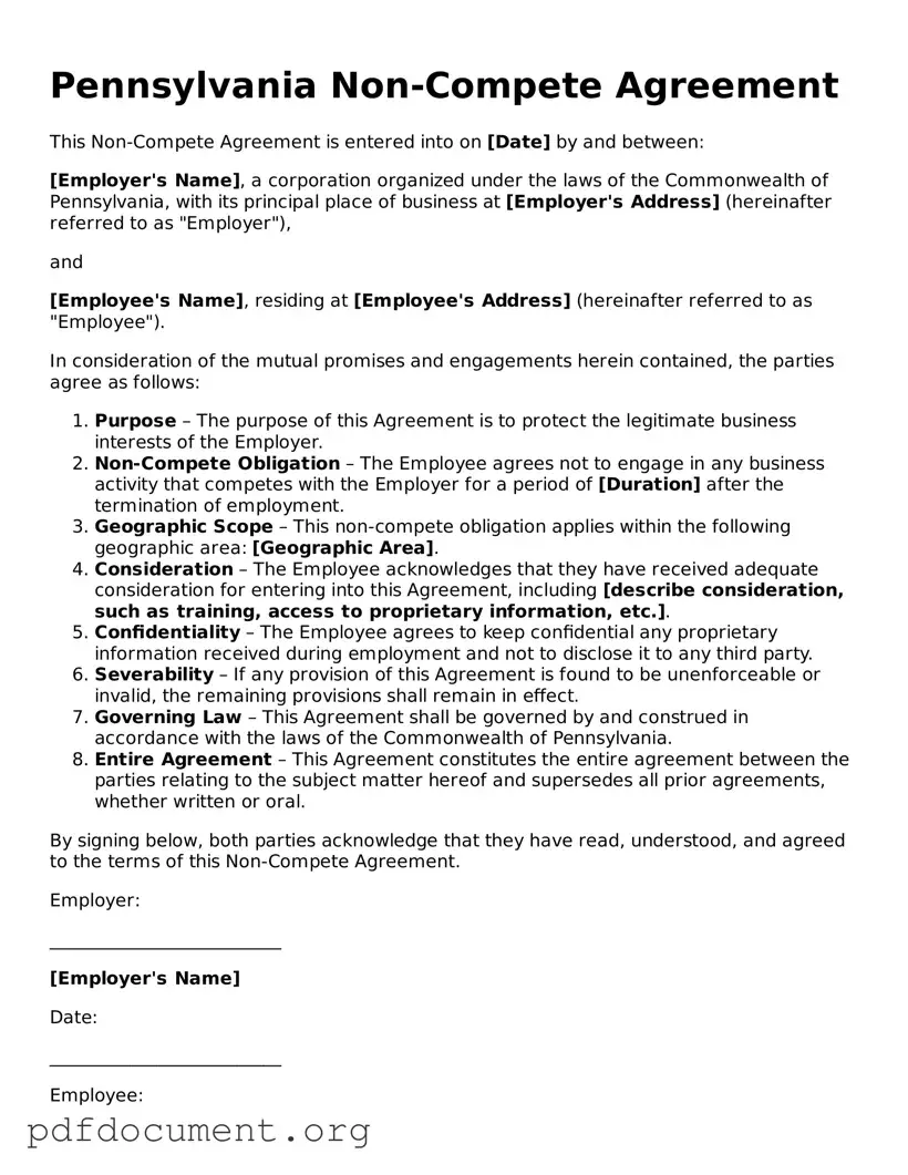 Blank Non-compete Agreement Form for Pennsylvania State