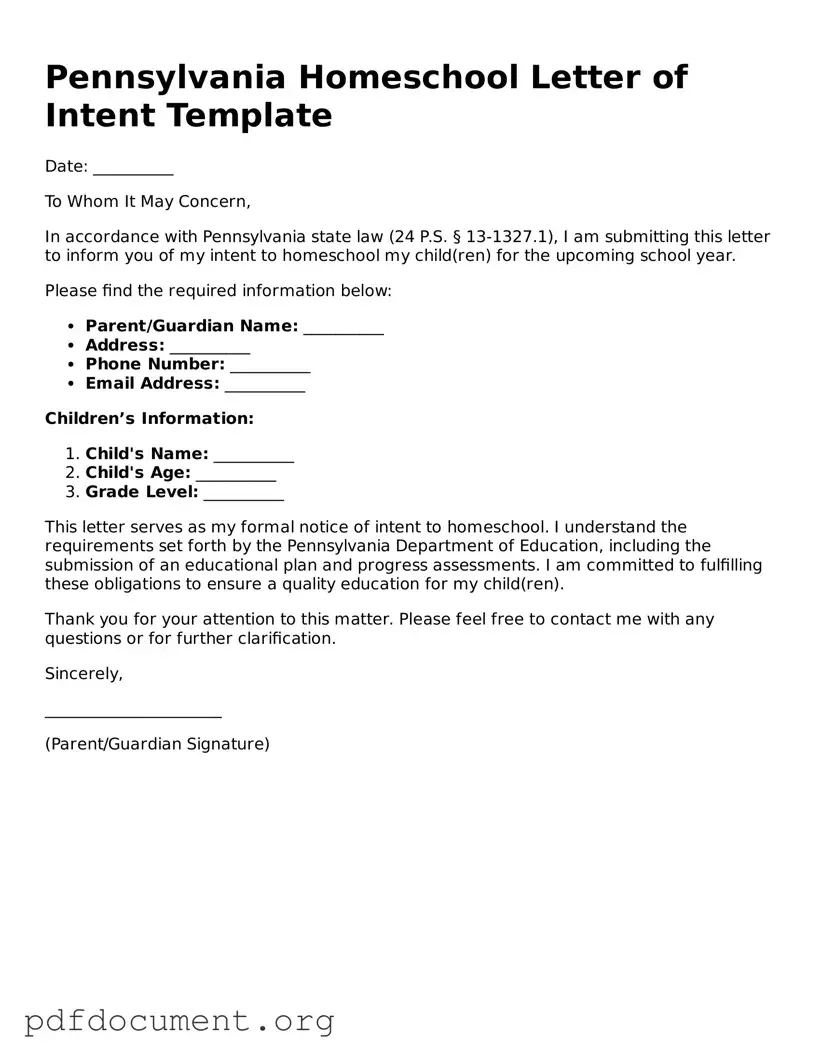 Blank Homeschool Letter of Intent Form for Pennsylvania State