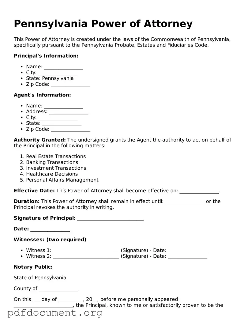Blank Power of Attorney Form for Pennsylvania State