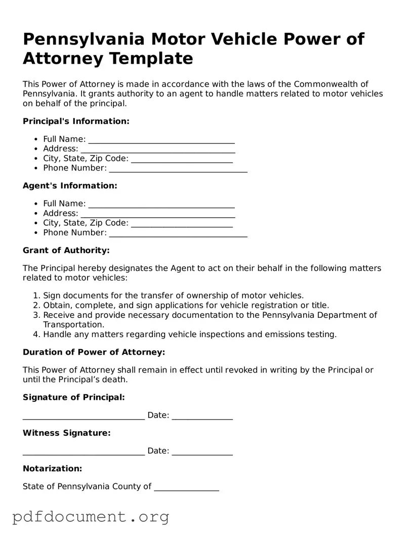 Blank Motor Vehicle Power of Attorney Form for Pennsylvania State