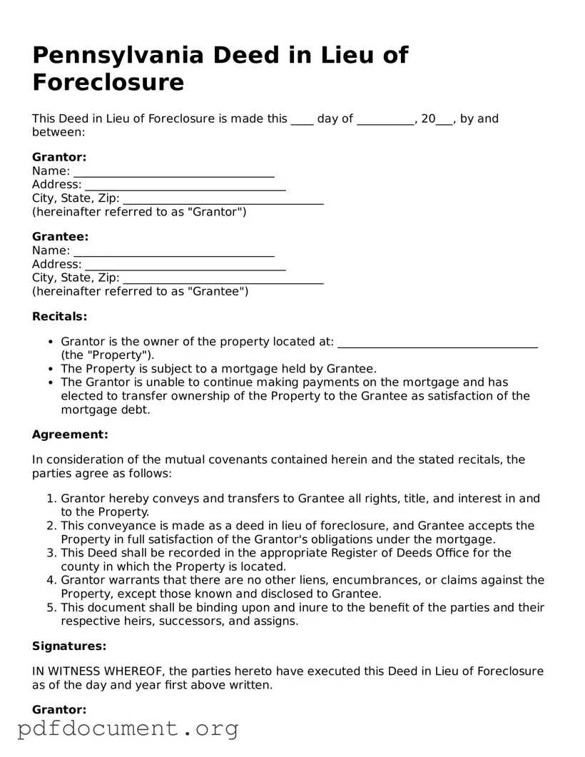 Blank Deed in Lieu of Foreclosure Form for Pennsylvania State