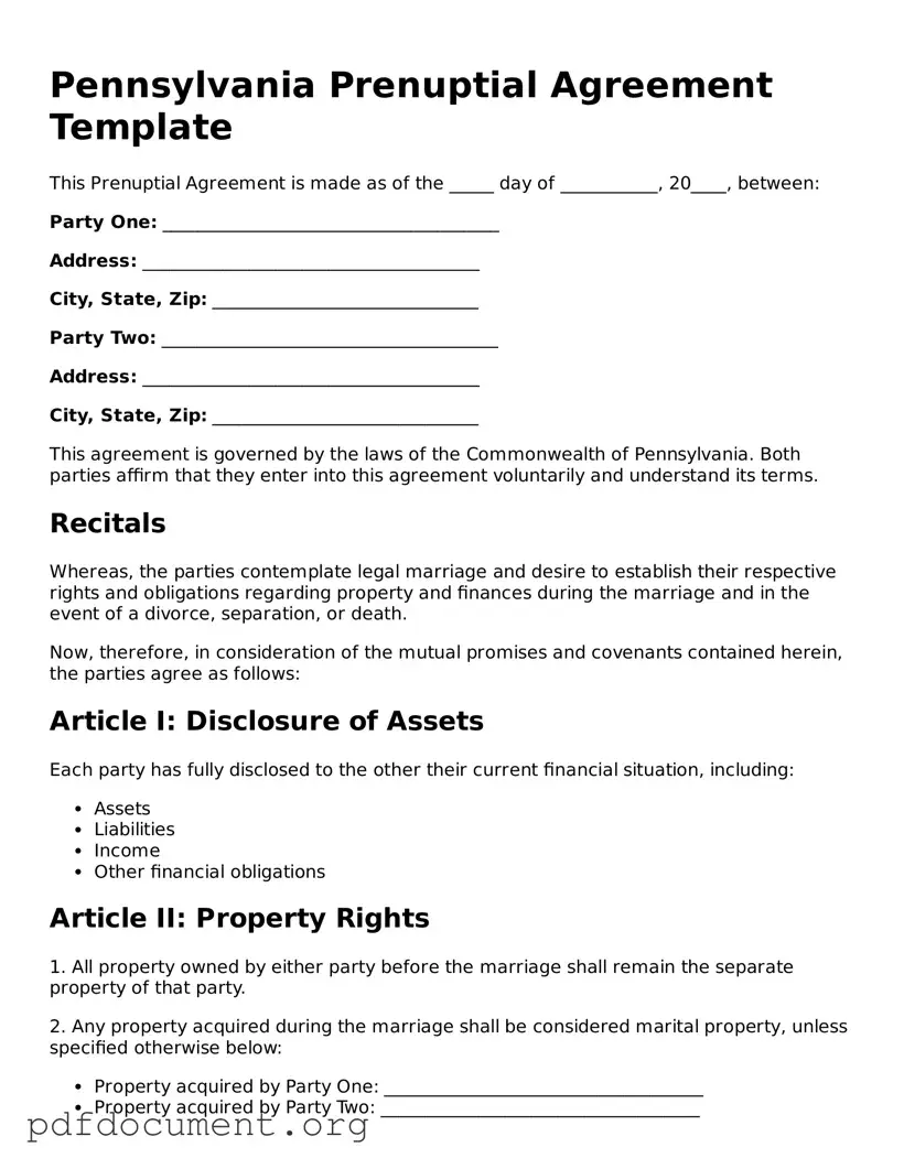 Blank Prenuptial Agreement Form for Pennsylvania State