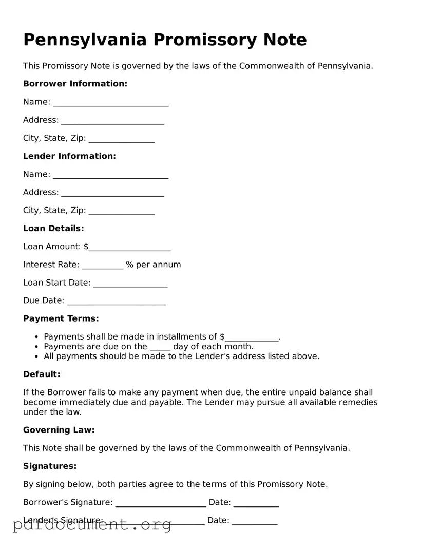 Blank Promissory Note Form for Pennsylvania State