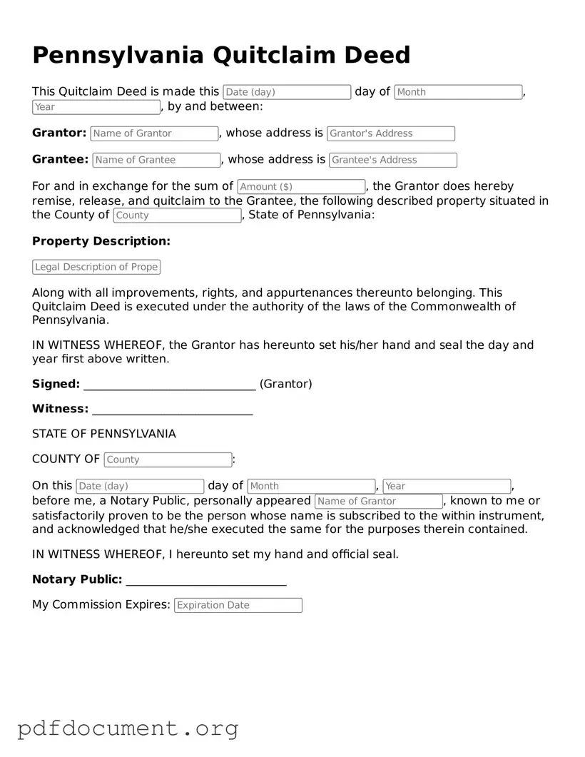 Blank Quitclaim Deed Form for Pennsylvania State