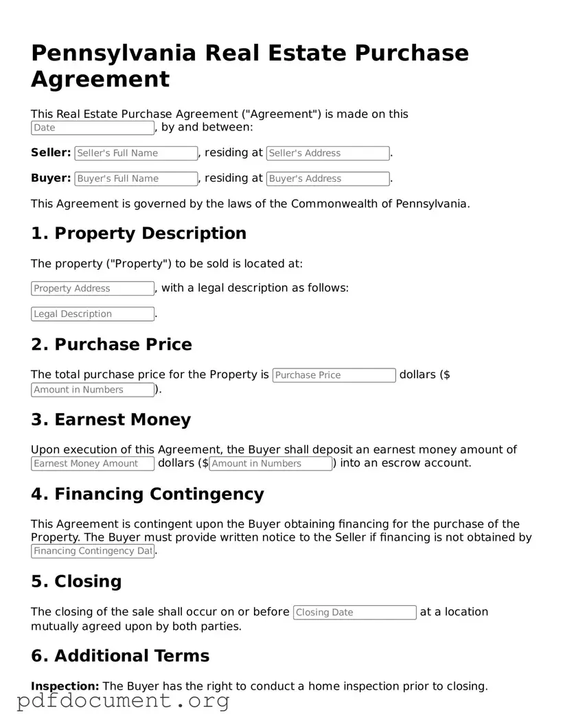 Blank Real Estate Purchase Agreement Form for Pennsylvania State