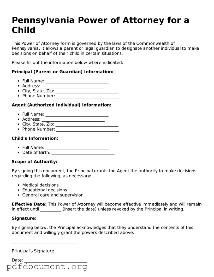 Blank Power of Attorney for a Child Form for Pennsylvania State
