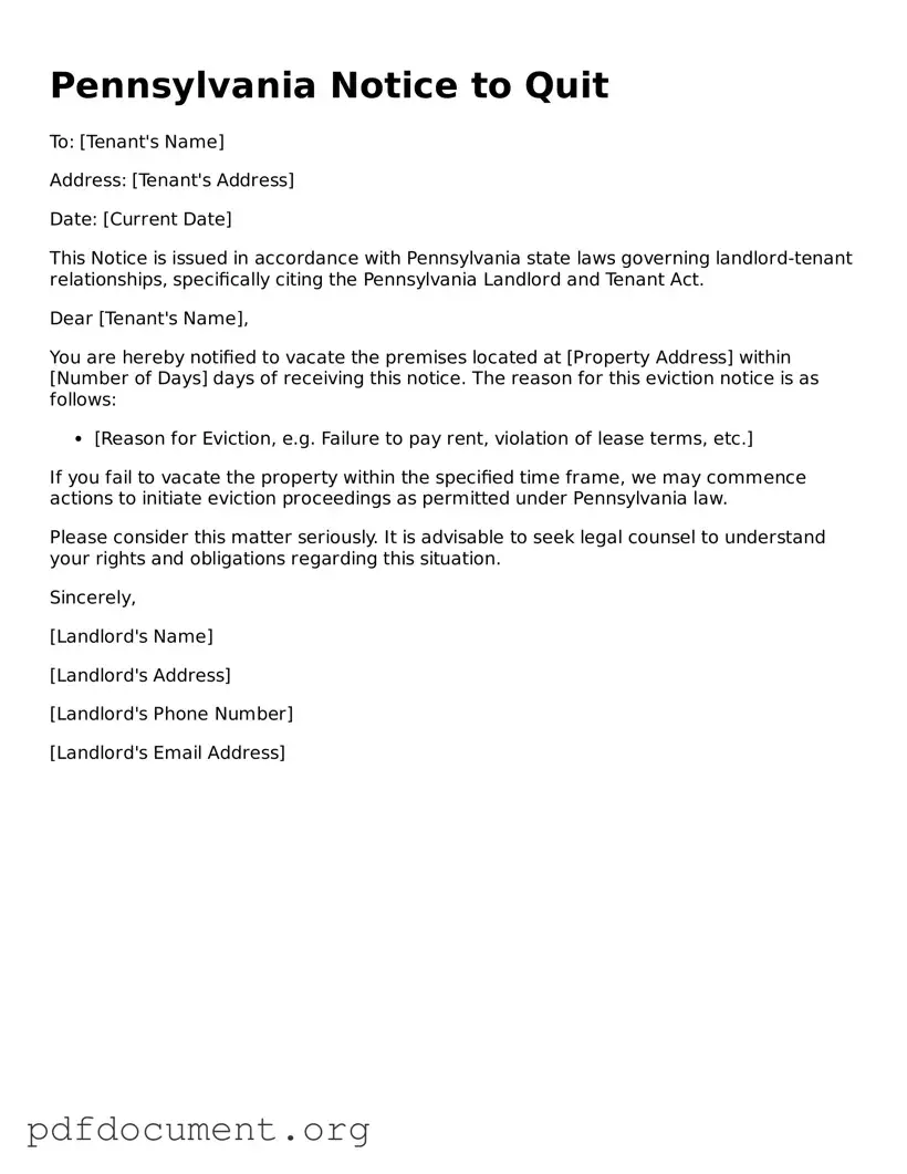 Blank Notice to Quit Form for Pennsylvania State