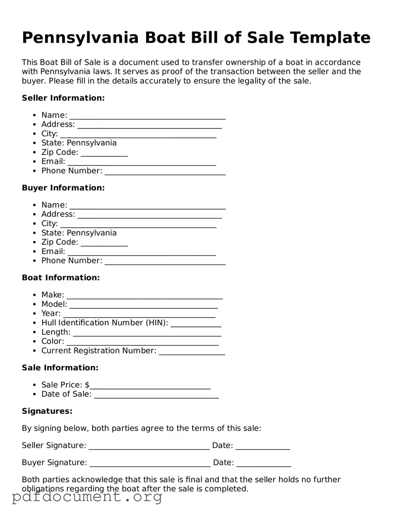 Blank Boat Bill of Sale Form for Pennsylvania State